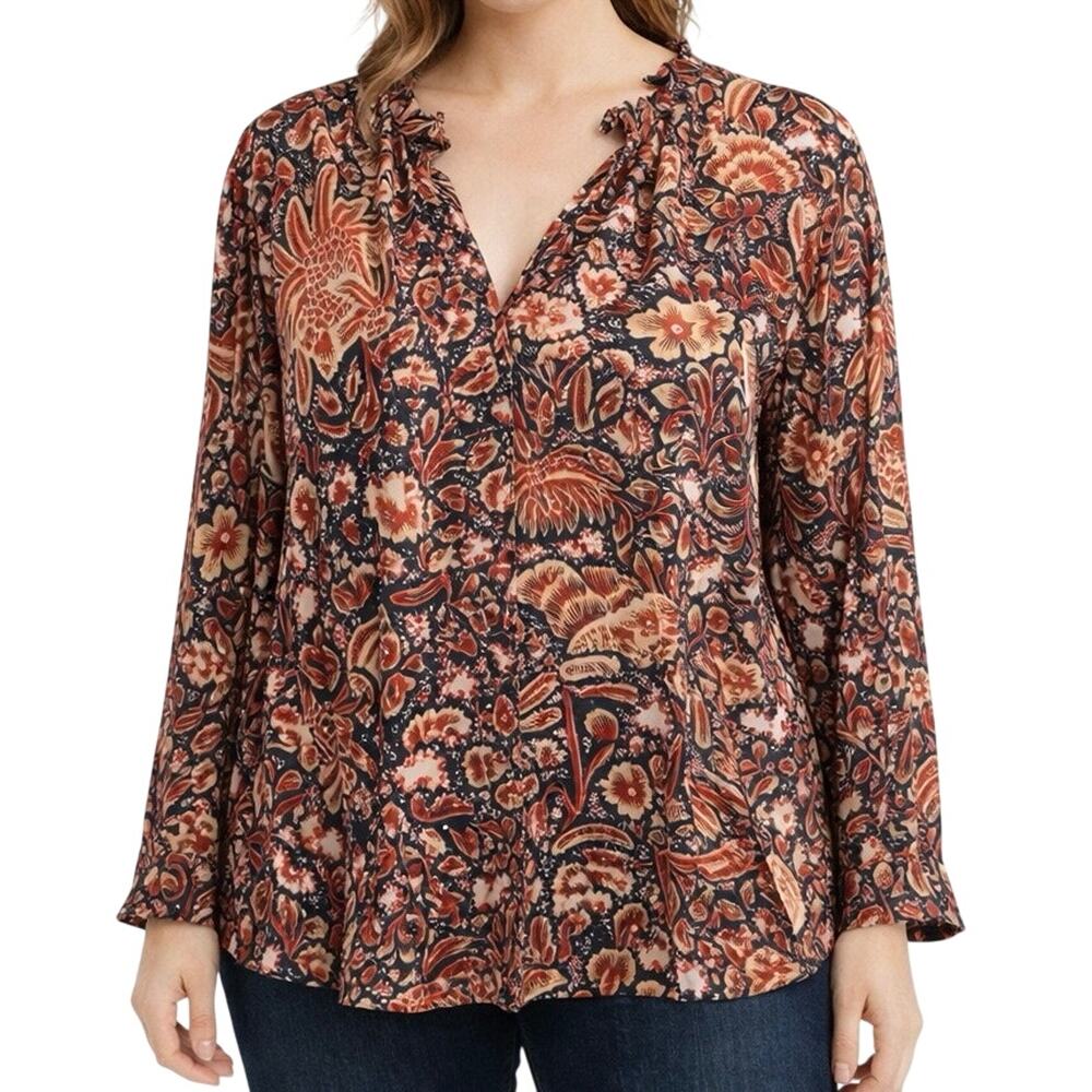 Anthropologie Burnt Orange and Navy Floral Paisley Ruffle-Trim Blouse